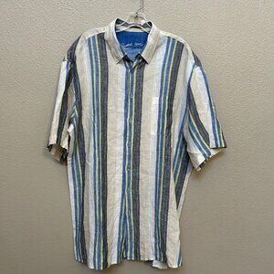 🌟 Men's BUGATCHI UOMO Linen Blend Button Down Striped Shirt Size XL EUC